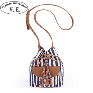 NEW Drawstring Bucket Bag Canvas Boho Stripe Shoulder Bags