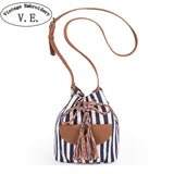 NEW Drawstring Bucket Bag Canvas Boho Stripe Shoulder Bags