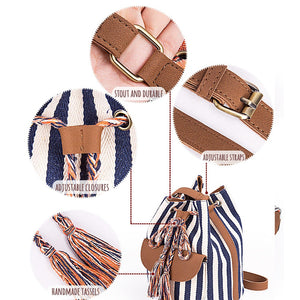 NEW Drawstring Bucket Bag Canvas Boho Stripe Shoulder Bags