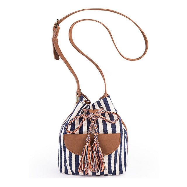 NEW Drawstring Bucket Bag Canvas Boho Stripe Shoulder Bags