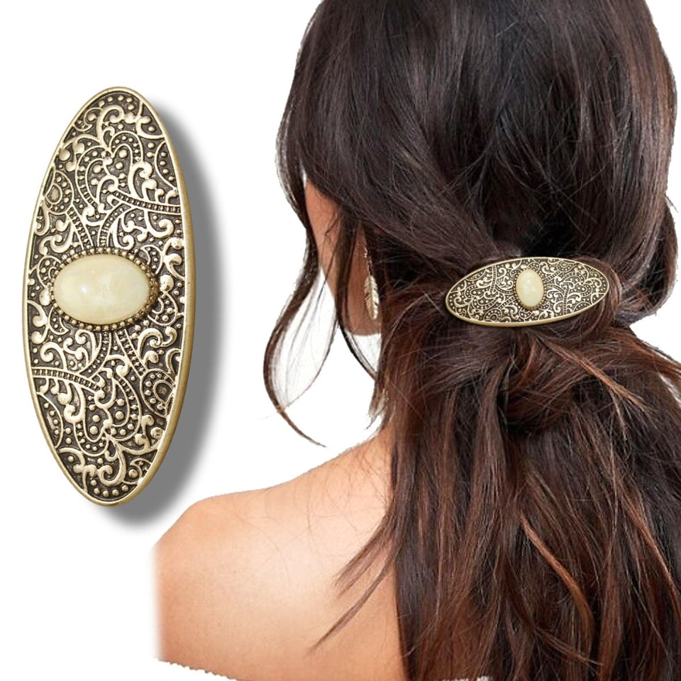 Vintage Gold Tribal Carved Oval Stone French Updo Boho Hair Clip Dress Snap Pin For Women Anime Wedding Accessories