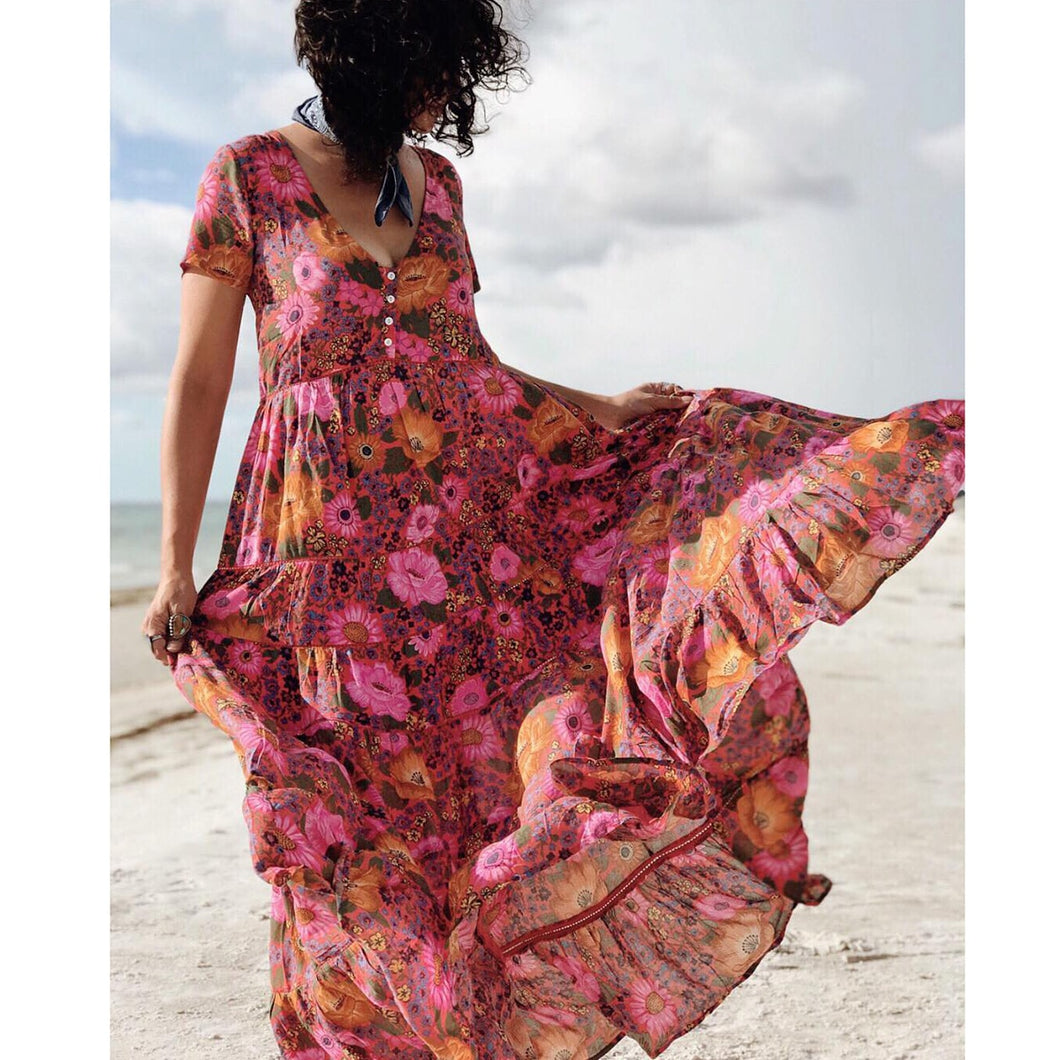 Daisy Boho Chic Maxi Dress 2019 Women Summer Short Sleeve V Neck Sexy Dresses Ladies Floral Print Beach Hippie Party Long Dress