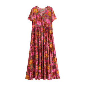 Daisy Boho Chic Maxi Dress 2019 Women Summer Short Sleeve V Neck Sexy Dresses Ladies Floral Print Beach Hippie Party Long Dress