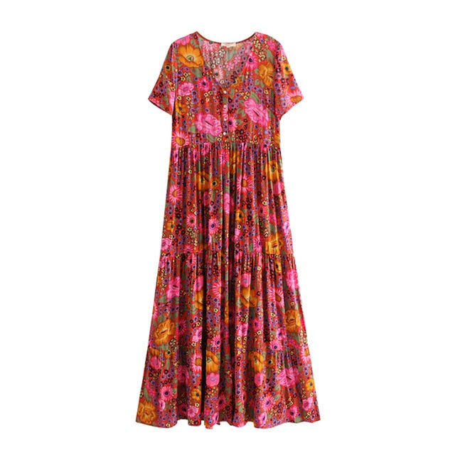 Daisy Boho Chic Maxi Dress 2019 Women Summer Short Sleeve V Neck Sexy Dresses Ladies Floral Print Beach Hippie Party Long Dress