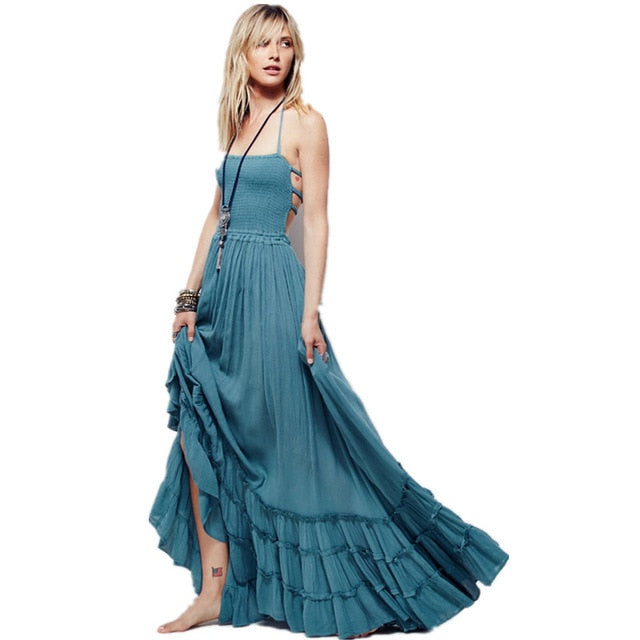 Boho Chic Long Dress Halter Chiffon Women Backless 2019 Maxi Dresses Beach Wear Mori Girl Vestidos Sexy Split Beach Summer Dress