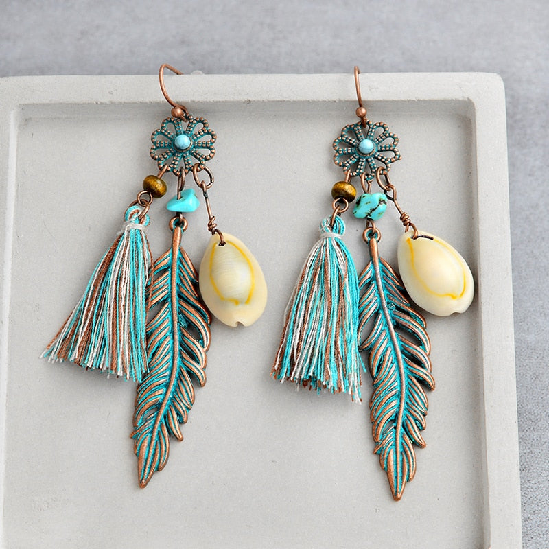 New Jewelry Earrings Blue Tassel Flower Feather Shell Pendant Application Earrings Bohemian Decorations Boho Chic For Women