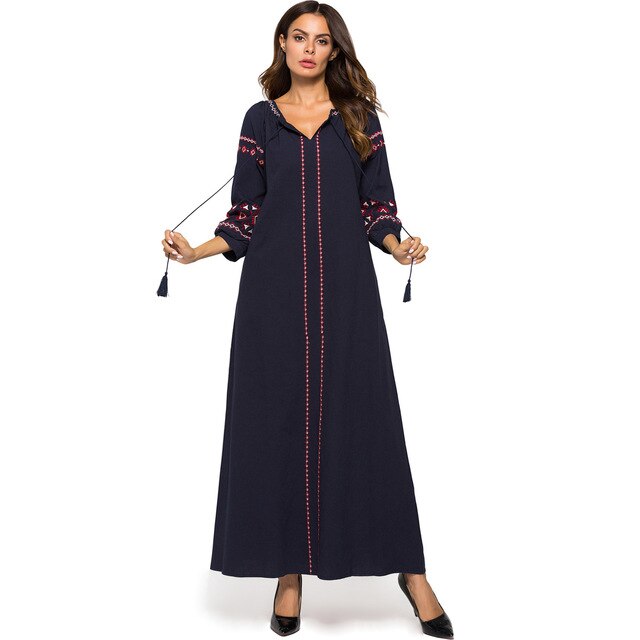 Dropship Dress Women Dresses Summer Long Maxi Plus Size Vestidos Vintage Verano 2019 Robe Femme Embroidery Tassel Lace Up Cotton