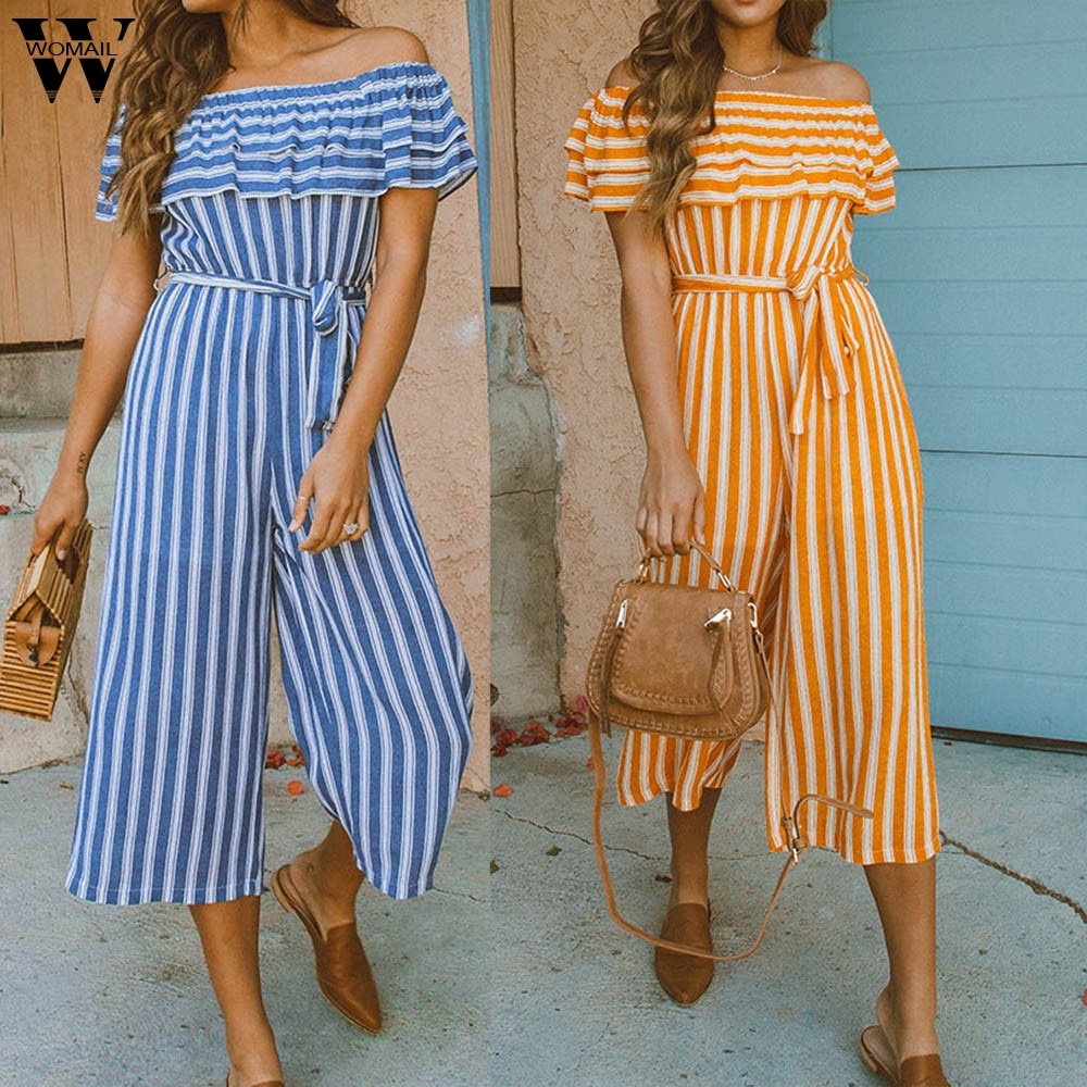 Sexy Stripe Off Cold Shoulder Ruffles Playsuits Jumpsuits