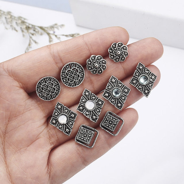 Women Bohemian Stud Earrings Set Antique Silver Plated Metal Vintage Owl Earrings for Women Jewelry Dazzling Gift