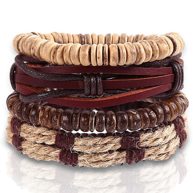 4pcs/set Handmade Boho Gypsy Hippie Fashion Trendy Vintage Cuff Beads Leather  Punk Charm Men Leather Bracelet For Women Jewelry