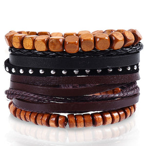 4pcs/set Handmade Boho Gypsy Hippie Fashion Trendy Vintage Cuff Beads Leather  Punk Charm Men Leather Bracelet For Women Jewelry