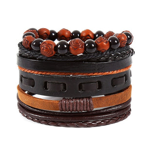 4pcs/set Handmade Boho Gypsy Hippie Fashion Trendy Vintage Cuff Beads Leather  Punk Charm Men Leather Bracelet For Women Jewelry