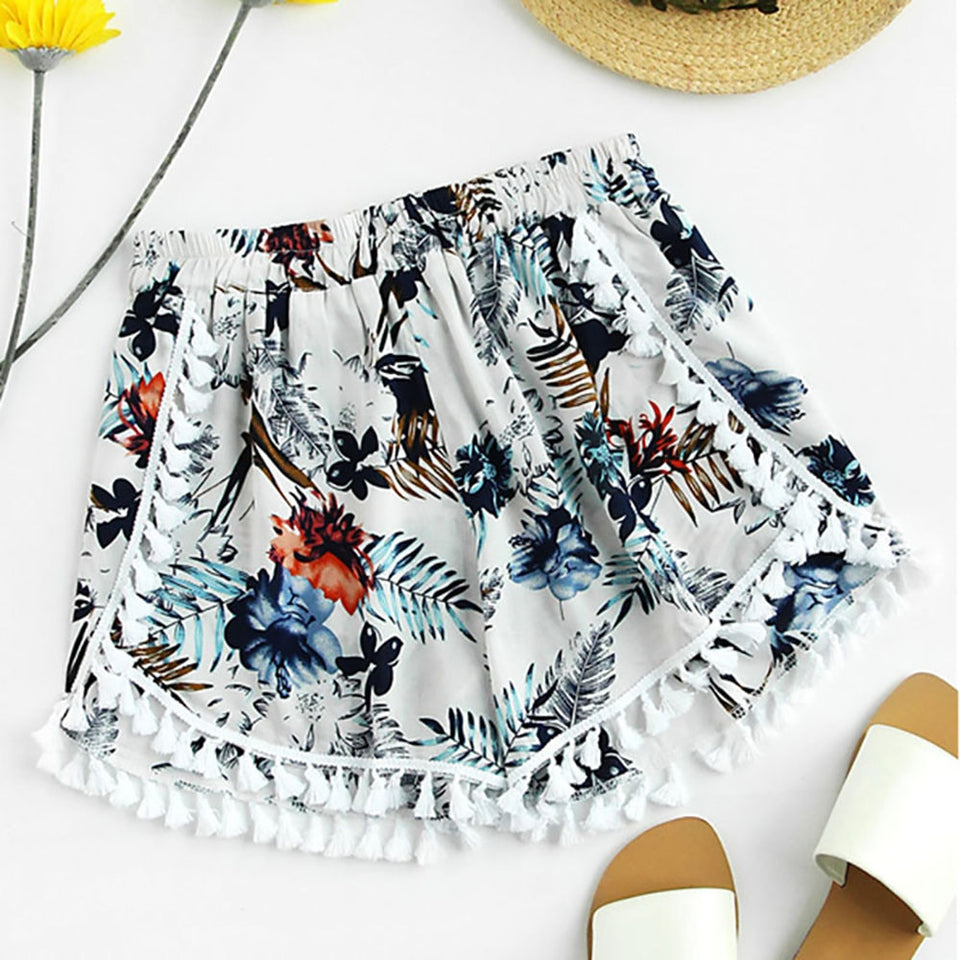 Womail Women shorts Print Mid Loose Waist Tassel Beach Boho Hot Shorts shorts Trousers de deporte de cintura alta dropship j22