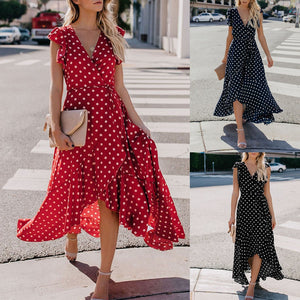 Womens Dots Boho Long Dress Lady Beach Summer