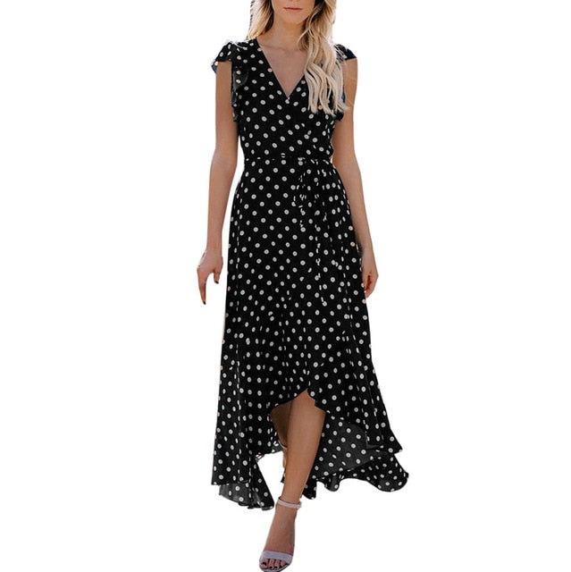 Womens Dots Boho Long Dress Lady Beach Summer