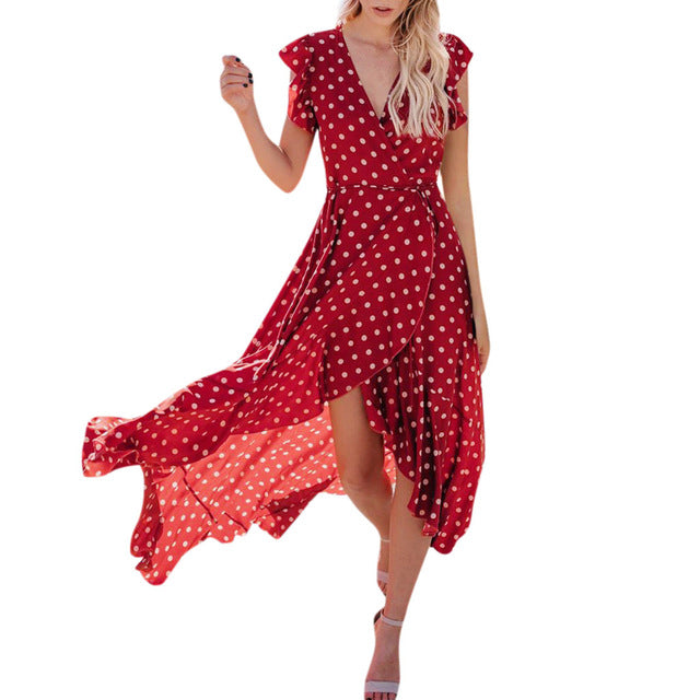 Womens Dots Boho Long Dress Lady Beach Summer