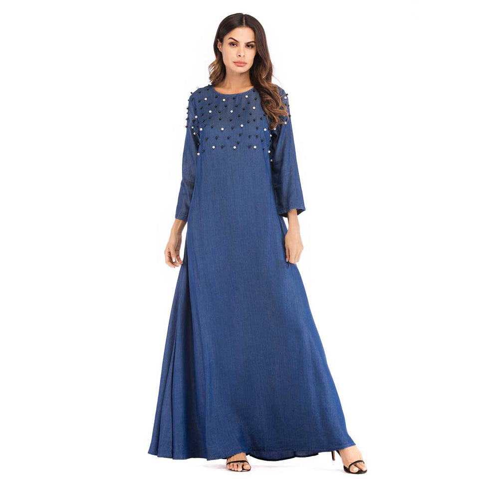 2019 Women Beading Long Denim Dress Bohemian Urban Muslim Abaya Plus Size Islamic Dubai Arab Ramadan Morocco Robe VKDR1545