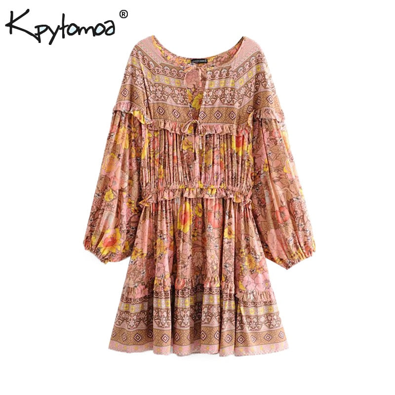 Boho Chic Summer Vintage Floral Print Ruffles Mini Dress Women 2019 Fashion Long Sleeve Bow Tie Beach Dresses Femme Vestidos