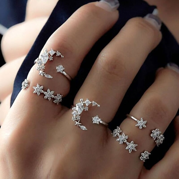 Newly 5Pcs/Set Crystal Star Flower Stackable Sparkly Rings Vintage Boho Jewelry Gifts Finger Ring