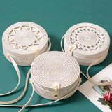 White Round Rattan Bags For Women Straw Handmade Woven Circle Shoulder Bag