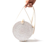 White Round Rattan Bags For Women Straw Handmade Woven Circle Shoulder Bag