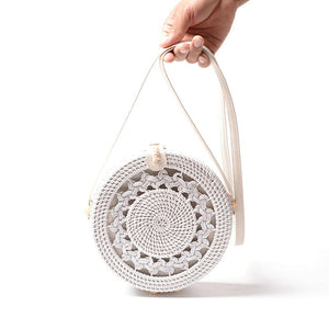 White Round Rattan Bags For Women Straw Handmade Woven Circle Shoulder Bag