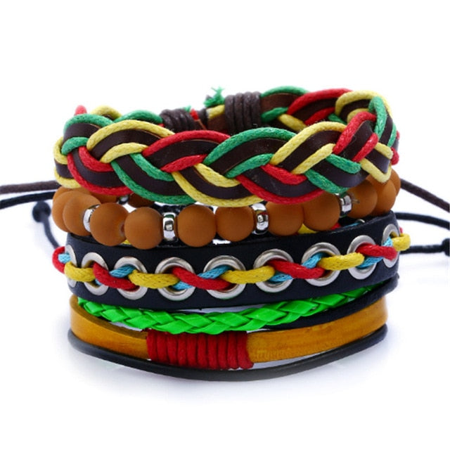 4pcs/set Handmade Boho Gypsy Hippie Fashion Trendy Vintage Cuff Beads Leather  Punk Charm Men Leather Bracelet For Women Jewelry