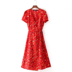 2019 Summer Dress Wrap Midi Dress Boho Vintage Cherry Print Flower Red Beach Dress V Neck Sexy Casual Retro Party Dresses