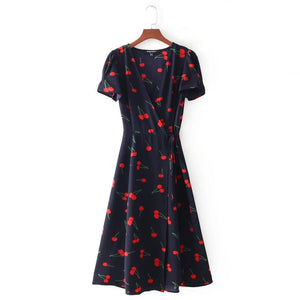 2019 Summer Dress Wrap Midi Dress Boho Vintage Cherry Print Flower Red Beach Dress V Neck Sexy Casual Retro Party Dresses