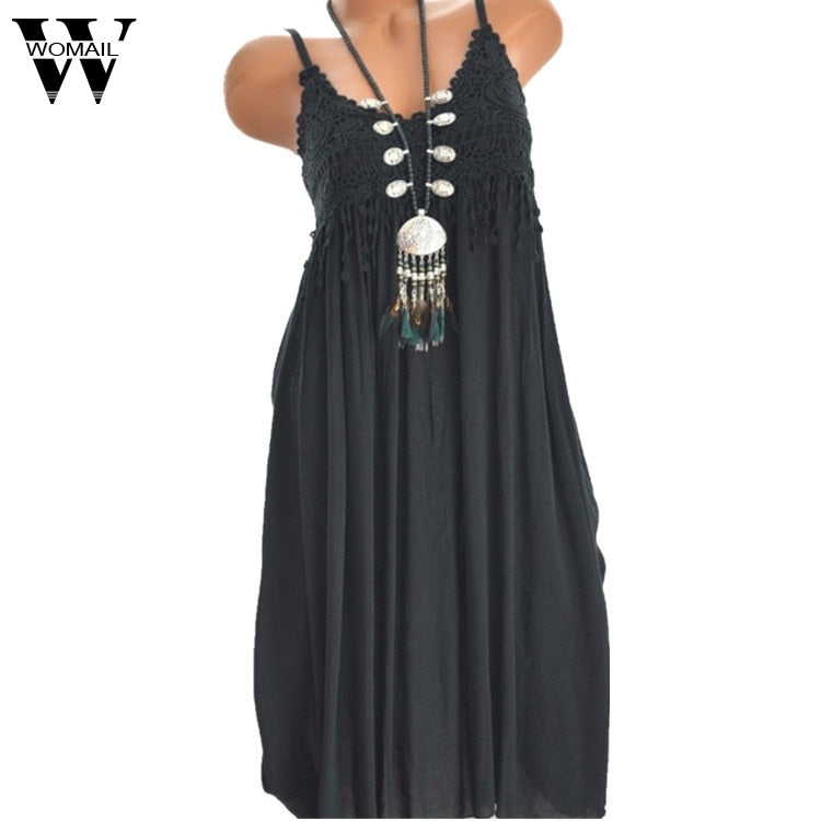 Womail dress Summer Holiday V-Neck Solid Sleeveless Boho Dress Beach Party Cotton Dress New fashion plus size 2019 dropship M23