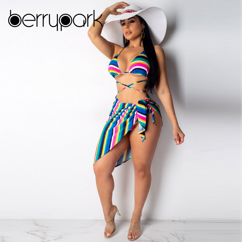 BerryPark Multi Striped Print 3 Piece Set Women Bra and Briefs and Skirt Bandage Bathing Suit Beach Matching Sets