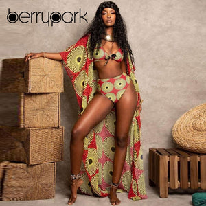 BerryPark Geometric Print Halter Bra + High Waist Briefs + X-Long Cardigan 3 Piece Set Women 2019 Summer Beachwear