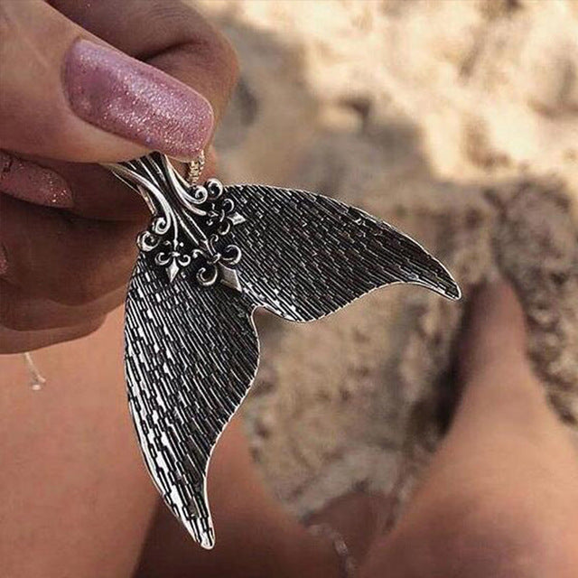 Mystical Mermaid Pendant Necklace Antique Silver Whale Tail Charm Chokers Necklaces Collar for Women Boho Jewelry