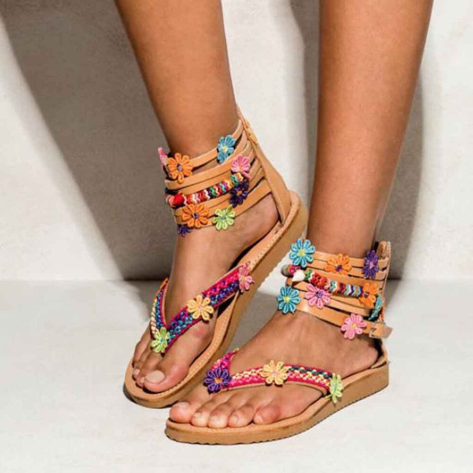 Summer 2019 Women's African Appliques Shoes Round Toe Bohemian Flat Sandals