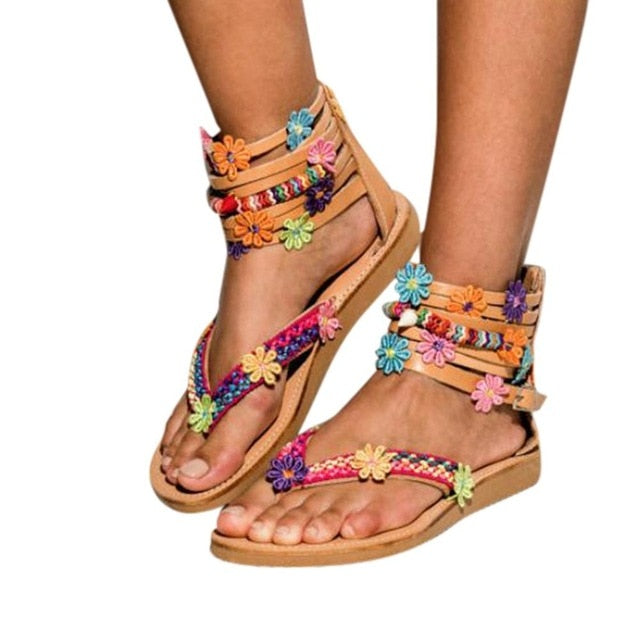 Summer 2019 Women's African Appliques Shoes Round Toe Bohemian Flat Sandals