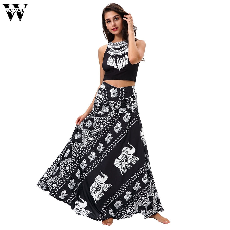 Womail Skirt Women Summer Fashion Long Hippie Bohemian Gypsy Boho Flowers Elastic Waist Floral Skirt NEW 2019 dropship M27