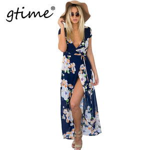 GTIME Sexy v neck floral summer dress wedding party dress boho women dress Vintage maxi vestidos girl dresses