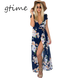 GTIME Sexy v neck floral summer dress wedding party dress boho women dress Vintage maxi vestidos girl dresses