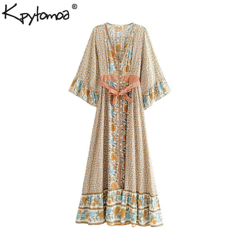 Boho Chic Summer Vintage Floral Print With Sashes Long Dress Women 2019 Fashion Kimono Sleeve Maxi Beach Dresses Vestidos Mujer