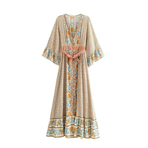 Boho Chic Summer Vintage Floral Print With Sashes Long Dress Women 2019 Fashion Kimono Sleeve Maxi Beach Dresses Vestidos Mujer