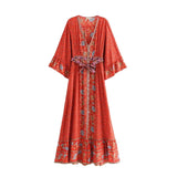 Boho Chic Summer Vintage Floral Print With Sashes Long Dress Women 2019 Fashion Kimono Sleeve Maxi Beach Dresses Vestidos Mujer