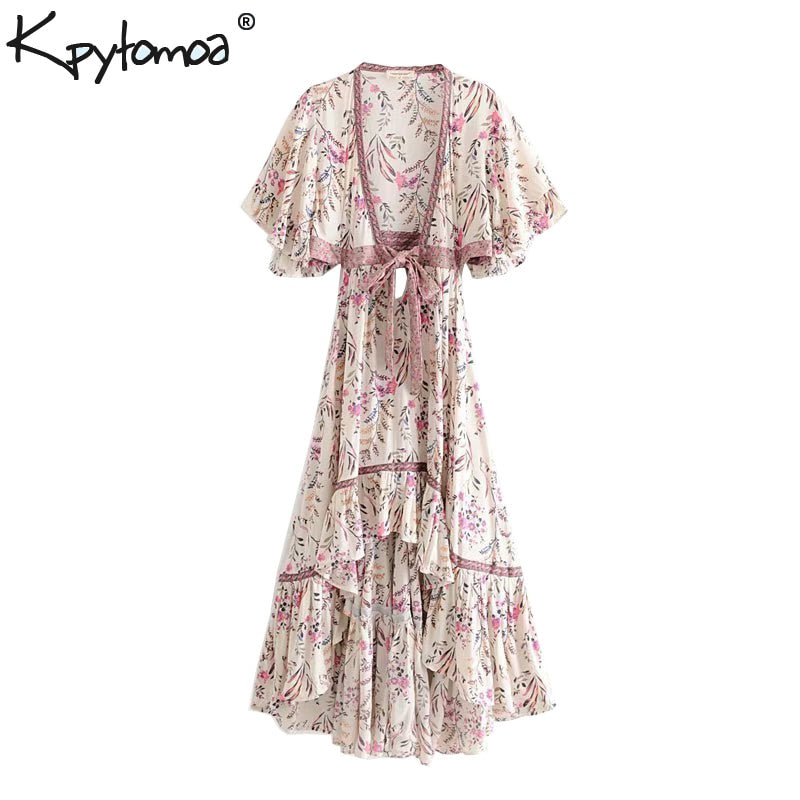 Boho Chic Summer Vintage Floral Print Asymmetrical Dress Women 2019 Fashion Backless With Sashes Beach Dresses Vestido Mujer