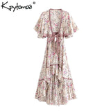 Boho Chic Summer Vintage Floral Print Asymmetrical Dress Women 2019 Fashion Backless With Sashes Beach Dresses Vestido Mujer