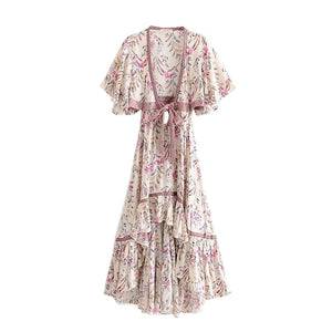 Boho Chic Summer Vintage Floral Print Asymmetrical Dress Women 2019 Fashion Backless With Sashes Beach Dresses Vestido Mujer