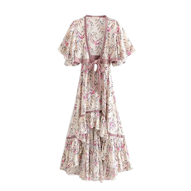 Boho Chic Summer Vintage Floral Print Asymmetrical Dress Women 2019 Fashion Backless With Sashes Beach Dresses Vestido Mujer