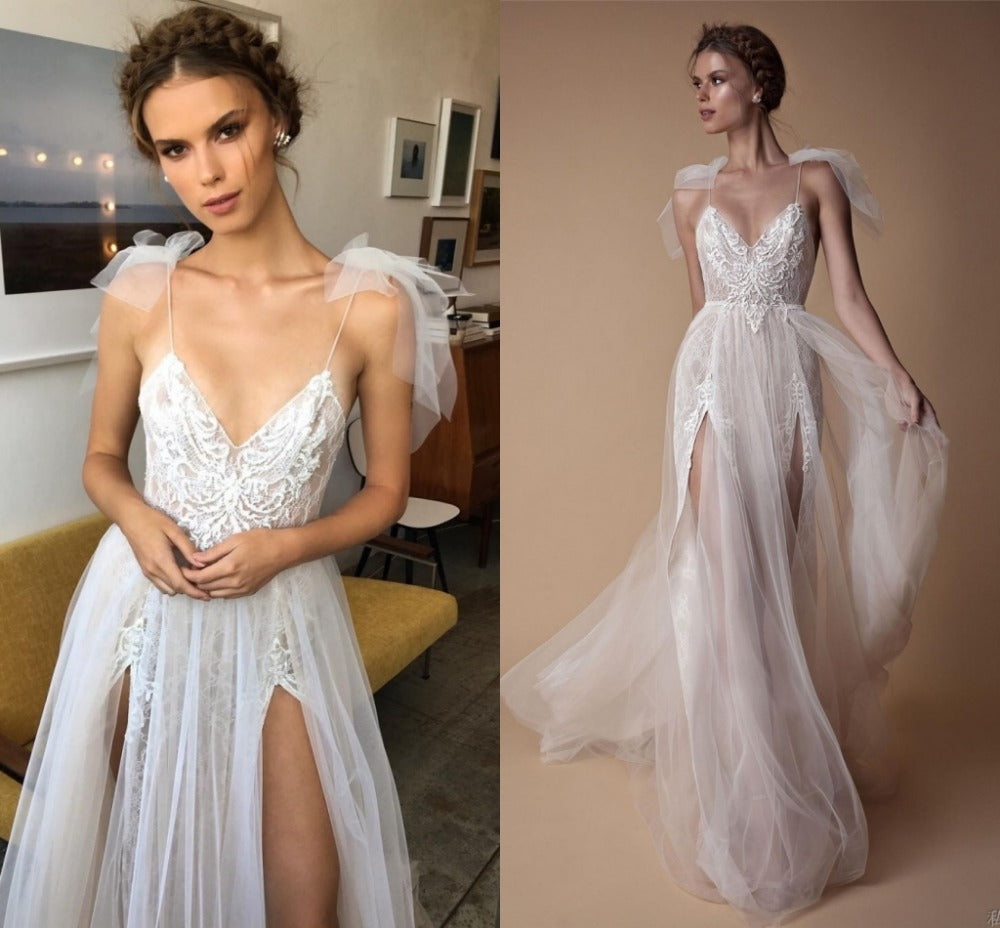 Vestido De Festa High-End Wedding Dresses 2019 Chic V-neck Straps Beads Split Tulle Bridal Gowns Boho Wedding Dress