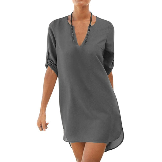 Fashion Chiffon Solid V Neck Loose Beach Dress Women Solid Shirt Dresses New Summer Dress Mini Dress