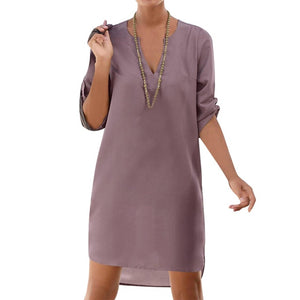 Fashion Chiffon Solid V Neck Loose Beach Dress Women Solid Shirt Dresses New Summer Dress Mini Dress