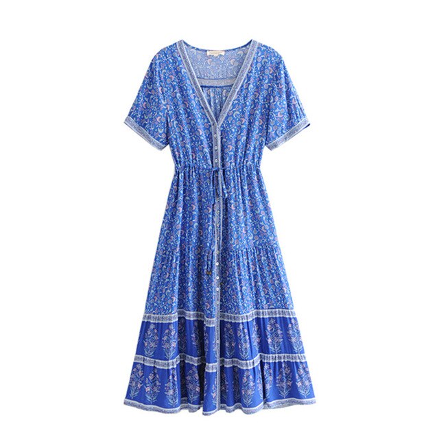 GYPSY Boho Chic Summer Vintage Floral Print Pleated Midi Dress Women Fashion V Neck Short Sleeve Beach Dresses Vestidos Mujer