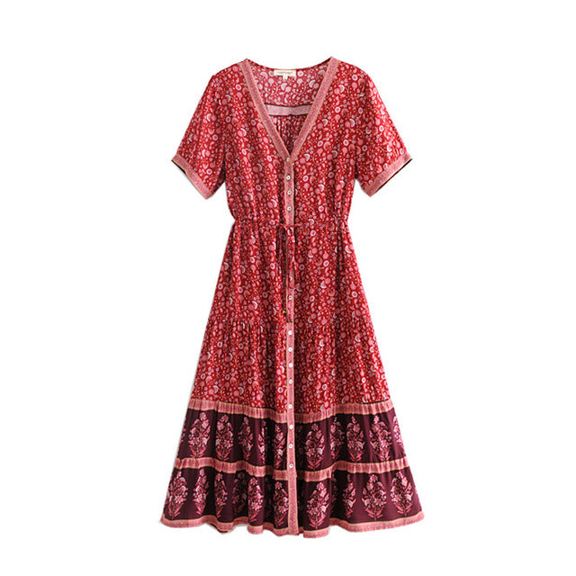 GYPSY Boho Chic Summer Vintage Floral Print Pleated Midi Dress Women Fashion V Neck Short Sleeve Beach Dresses Vestidos Mujer